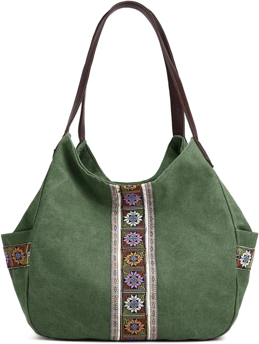 Worldlyda Women Canvas Hobo Purse Multi Pocket Tote Shopper Shoulder Bag Casual Top Handle handbag with Embroidery Ethnic