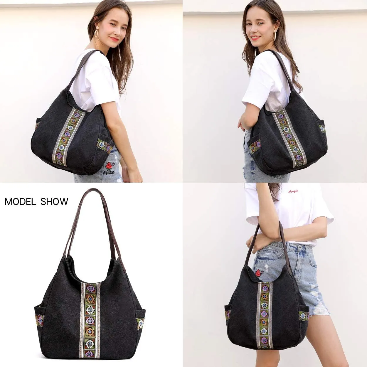 Worldlyda Women Canvas Hobo Purse Multi Pocket Tote Shopper Shoulder Bag Casual Top Handle handbag with Embroidery Ethnic