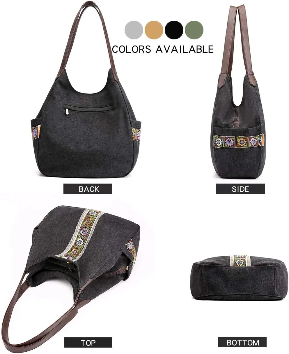 Worldlyda Women Canvas Hobo Purse Multi Pocket Tote Shopper Shoulder Bag Casual Top Handle handbag with Embroidery Ethnic