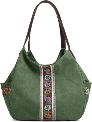 Worldlyda Women Canvas Hobo Purse Multi Pocket Tote Shopper Shoulder Bag Casual Top Handle handbag with Embroidery Ethnic
