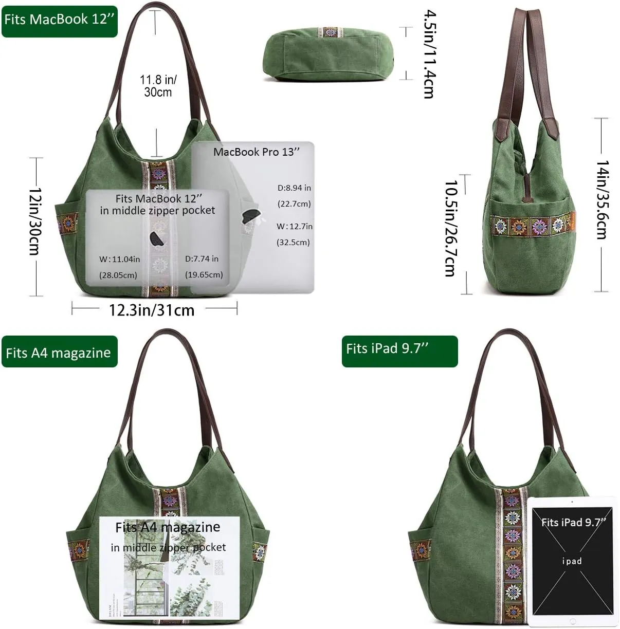 Worldlyda Women Canvas Hobo Purse Multi Pocket Tote Shopper Shoulder Bag Casual Top Handle handbag with Embroidery Ethnic
