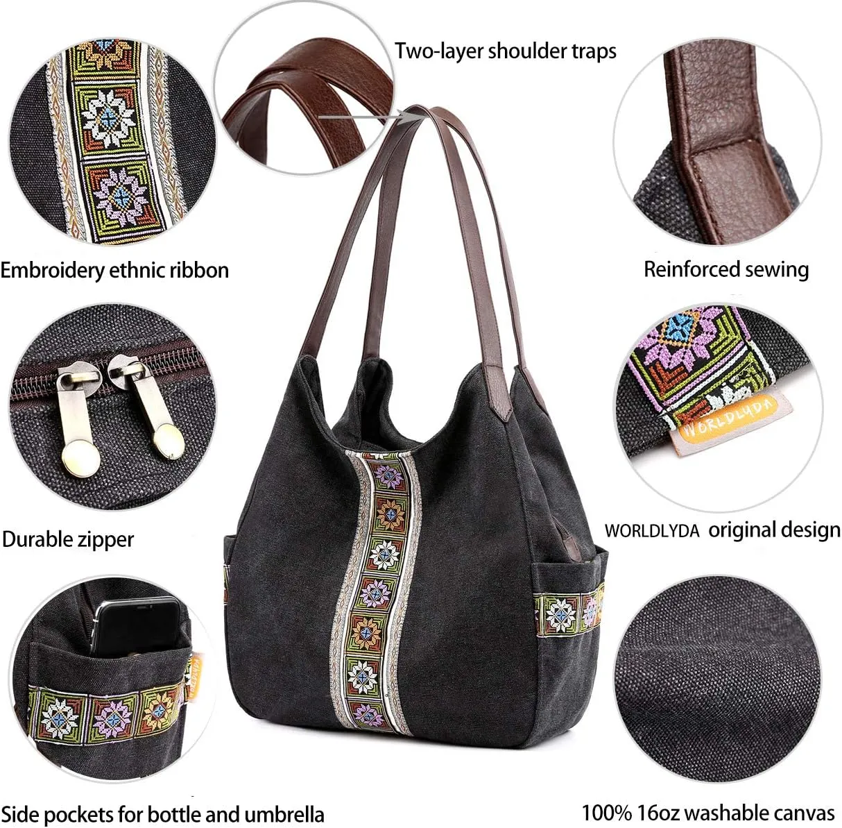 Worldlyda Women Canvas Hobo Purse Multi Pocket Tote Shopper Shoulder Bag Casual Top Handle handbag with Embroidery Ethnic