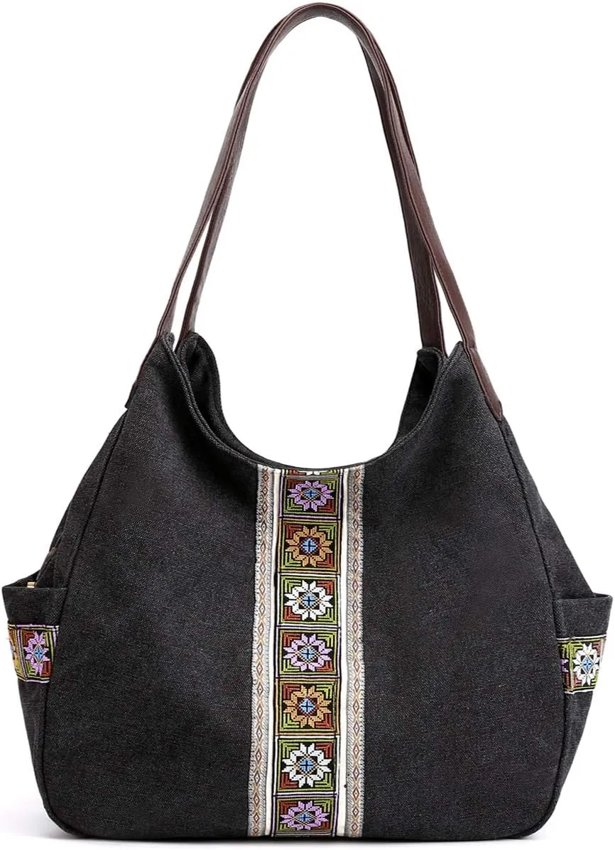Worldlyda Women Canvas Hobo Purse Multi Pocket Tote Shopper Shoulder Bag Casual Top Handle handbag with Embroidery Ethnic