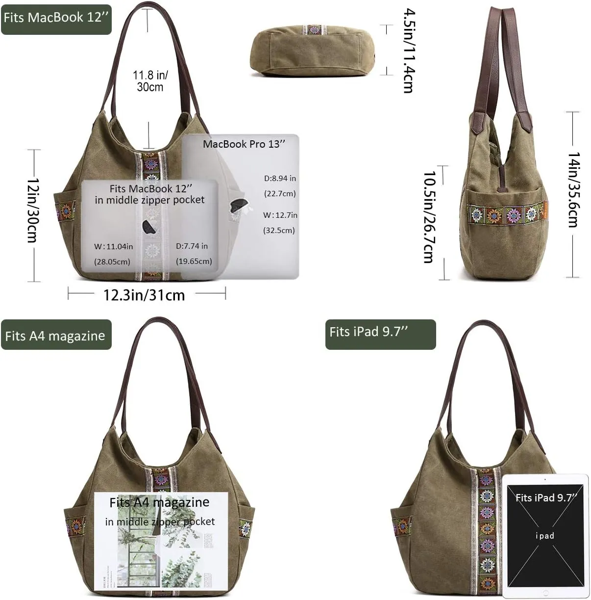 Worldlyda Women Canvas Hobo Purse Multi Pocket Tote Shopper Shoulder Bag Casual Top Handle handbag with Embroidery Ethnic