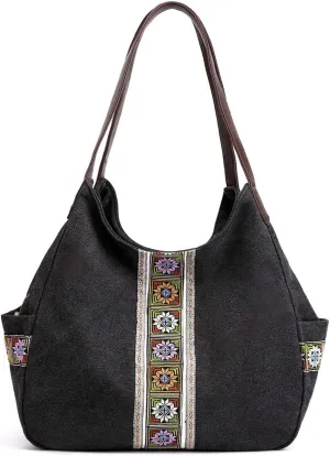 Worldlyda Women Canvas Hobo Purse Multi Pocket Tote Shopper Shoulder Bag Casual Top Handle handbag with Embroidery Ethnic
