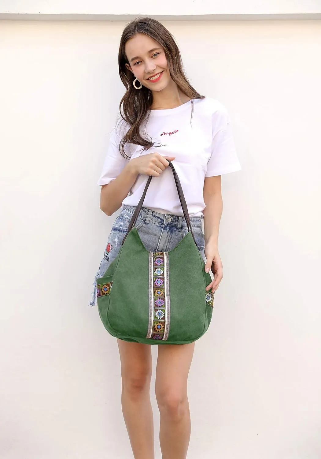 Worldlyda Women Canvas Hobo Purse Multi Pocket Tote Shopper Shoulder Bag Casual Top Handle handbag with Embroidery Ethnic