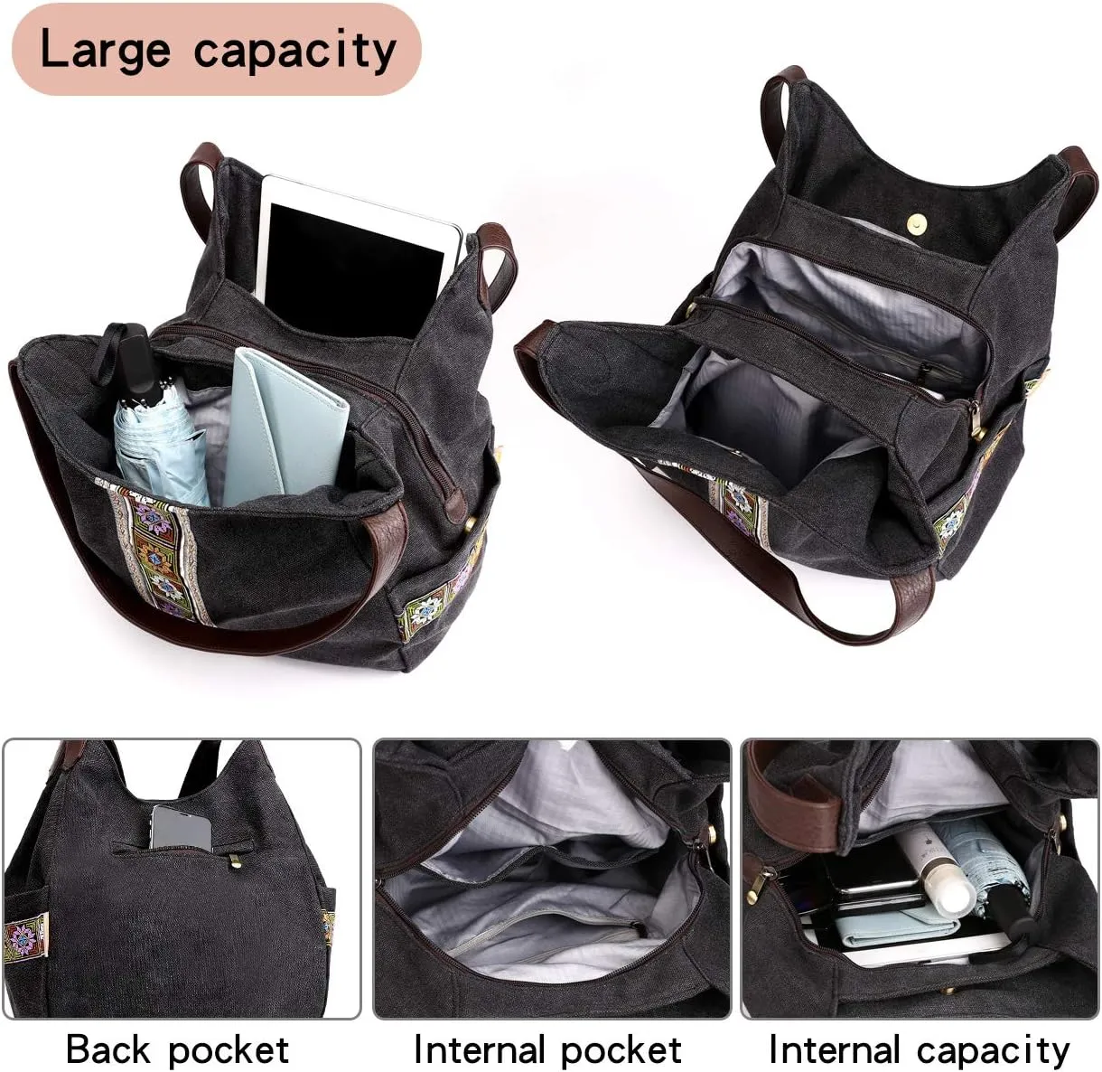 Worldlyda Women Canvas Hobo Purse Multi Pocket Tote Shopper Shoulder Bag Casual Top Handle handbag with Embroidery Ethnic