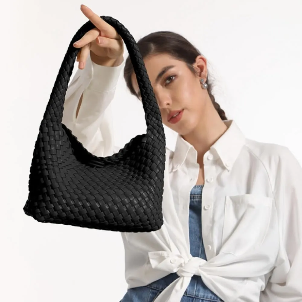 Woven Bag for Women, Vegan Leather Handbag and Purse Shoulder Bag Casual Retro Beach Totes Ladies Underarm Bag