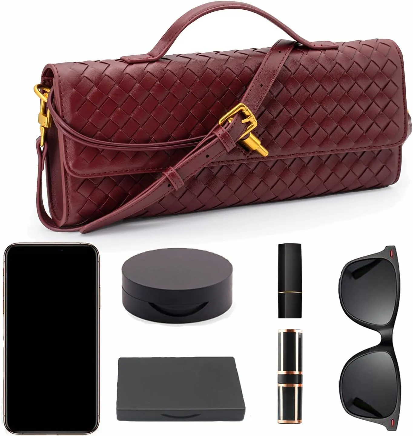 Woven Clutch Purse Ladies Top Handle Handbag Leather Crossbody Shoulder Bag with Detachable Strap