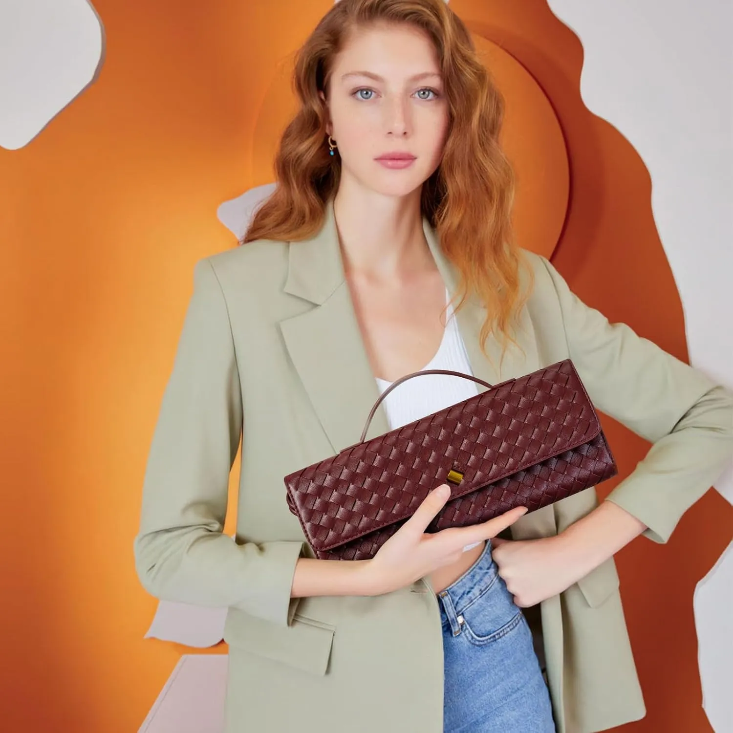 Woven Clutch Purse Ladies Top Handle Handbag Leather Crossbody Shoulder Bag with Detachable Strap