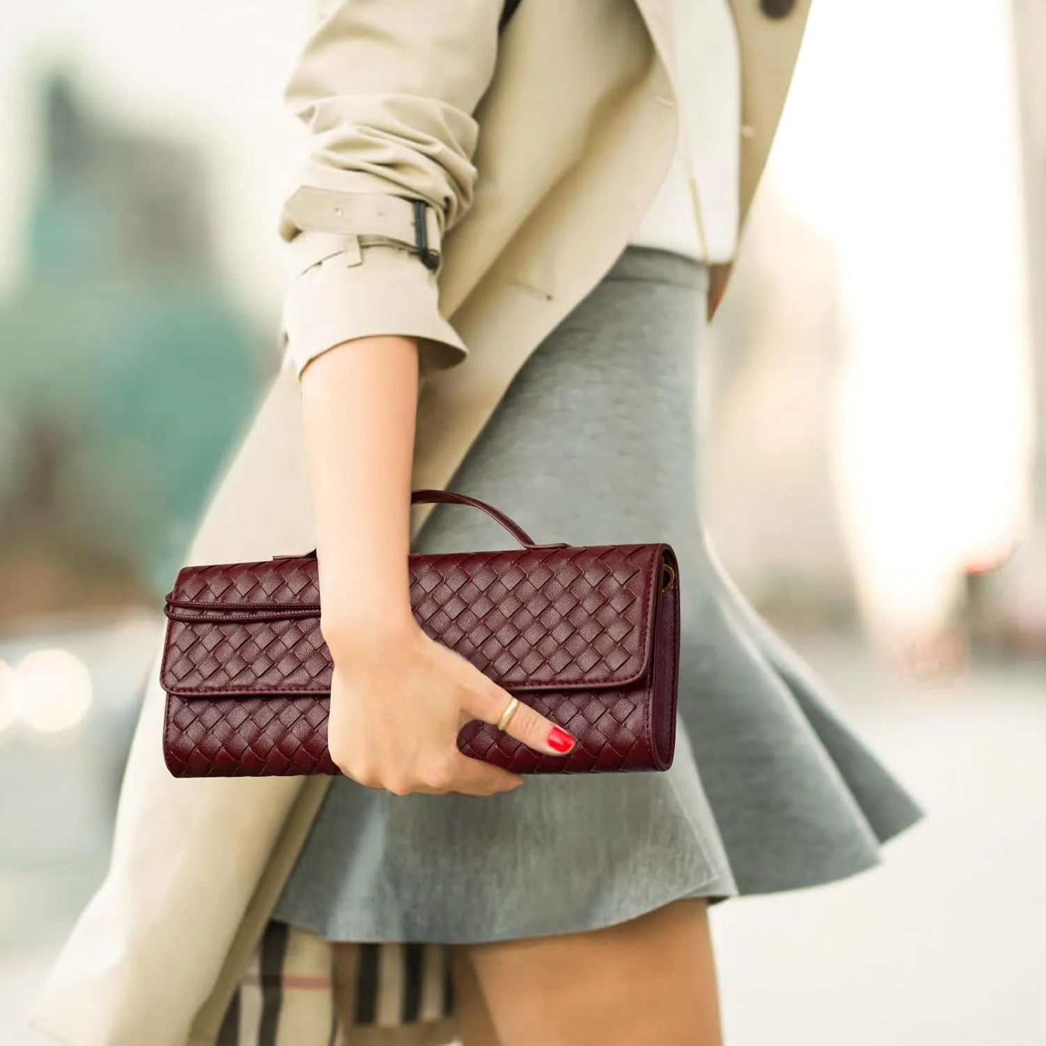 Woven Clutch Purse Ladies Top Handle Handbag Leather Crossbody Shoulder Bag with Detachable Strap