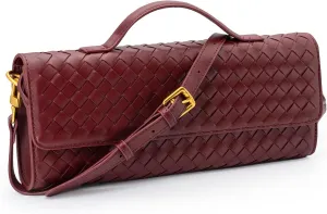 Woven Clutch Purse Ladies Top Handle Handbag Leather Crossbody Shoulder Bag with Detachable Strap