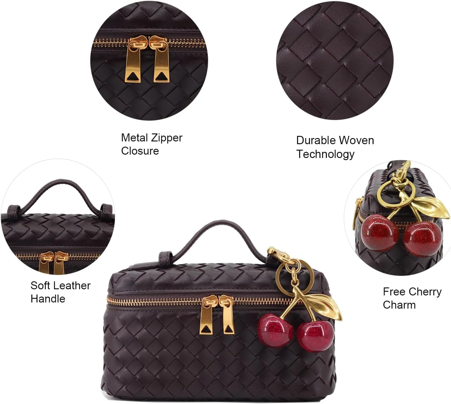 Woven Crossbody Bags for Women Trendy Clutch Purse Bag Small Top Handle Leather Handbag with Cherry Charm