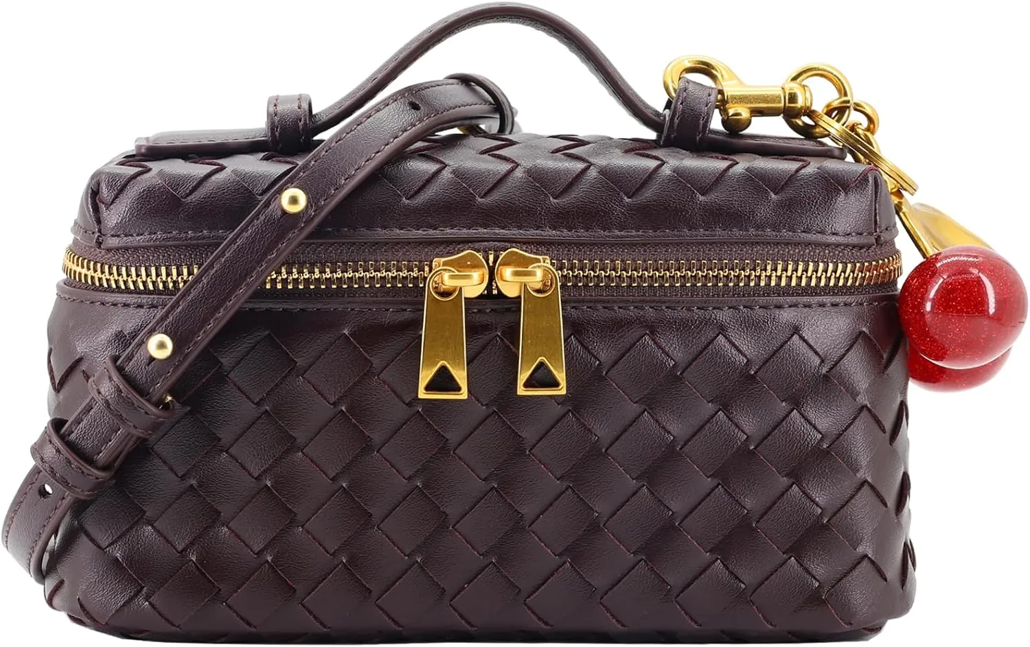 Woven Crossbody Bags for Women Trendy Clutch Purse Bag Small Top Handle Leather Handbag with Cherry Charm