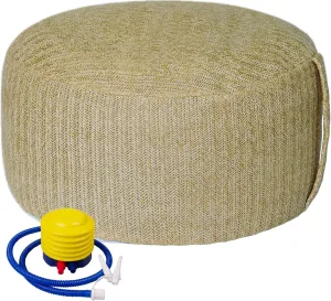 Woven Inflatable Ottoman with Air Pump D21”x H10” Outdoor Indoor Pouf Patio Footrest Stool with Portable Handle, Round Ottoman for Patio Garden, Camping, Bedroom, Living Room Natural Color