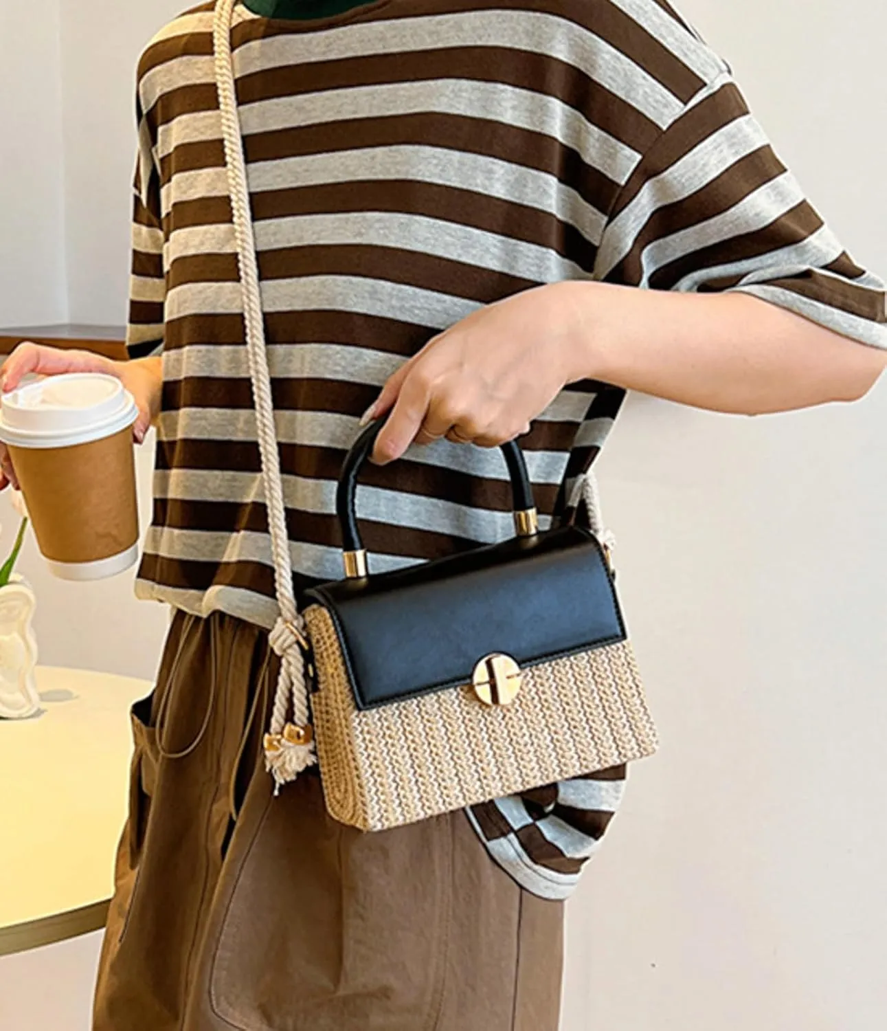 Woven PU Crossbody Bag Top Handle Mini Satchel Women Stylish Commuter Handbag Versatile Shoulder Casual Summer Tote