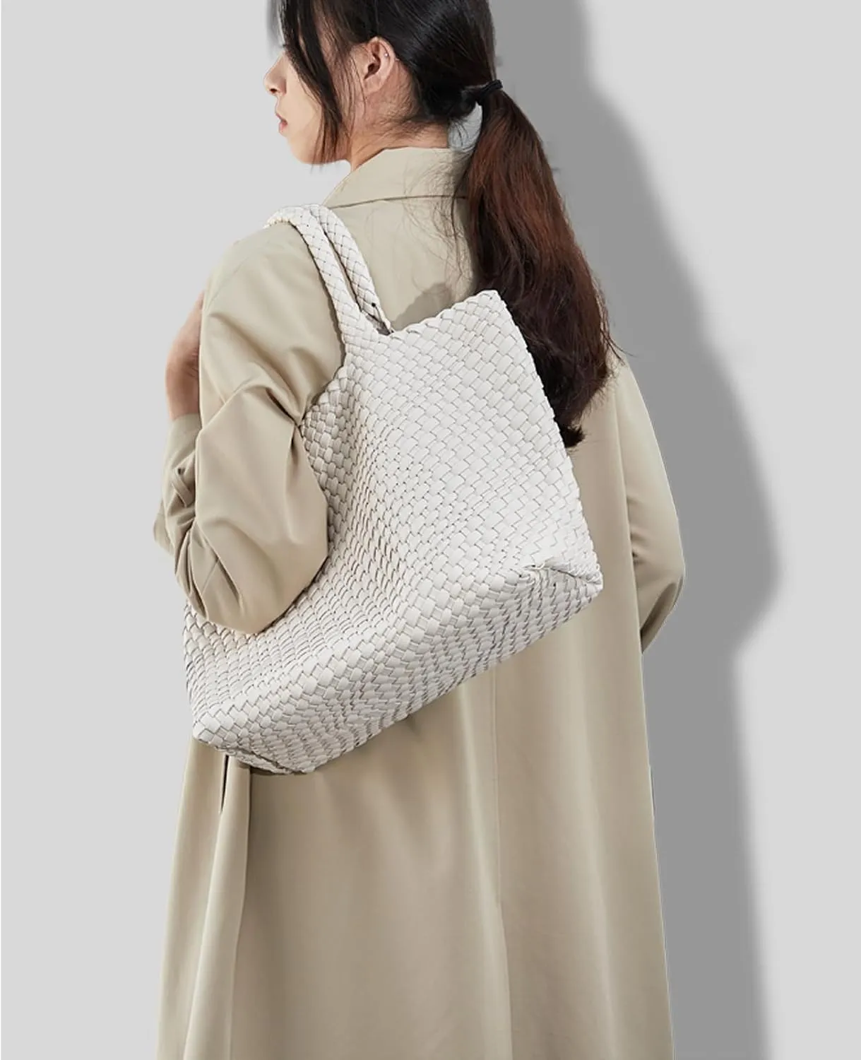 Woven Shoulder Bag for Women, Fashion Top Handle Soft Vegan Leather Shopper