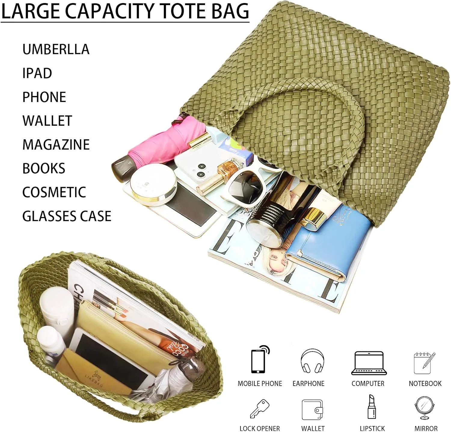 Woven Shoulder Bag for Women, Fashion Top Handle Soft Vegan Leather Shopper