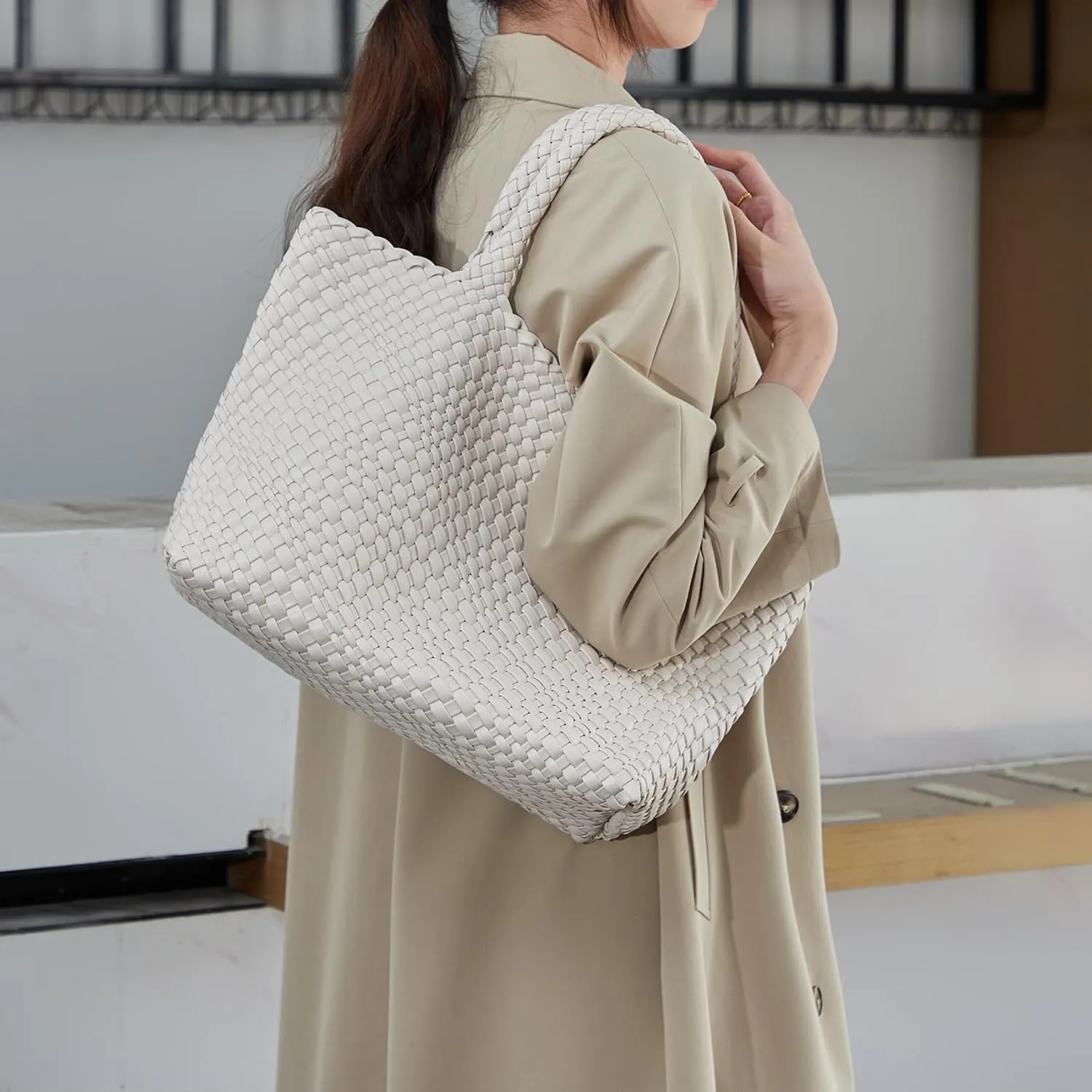 Woven Shoulder Bag for Women, Fashion Top Handle Soft Vegan Leather Shopper