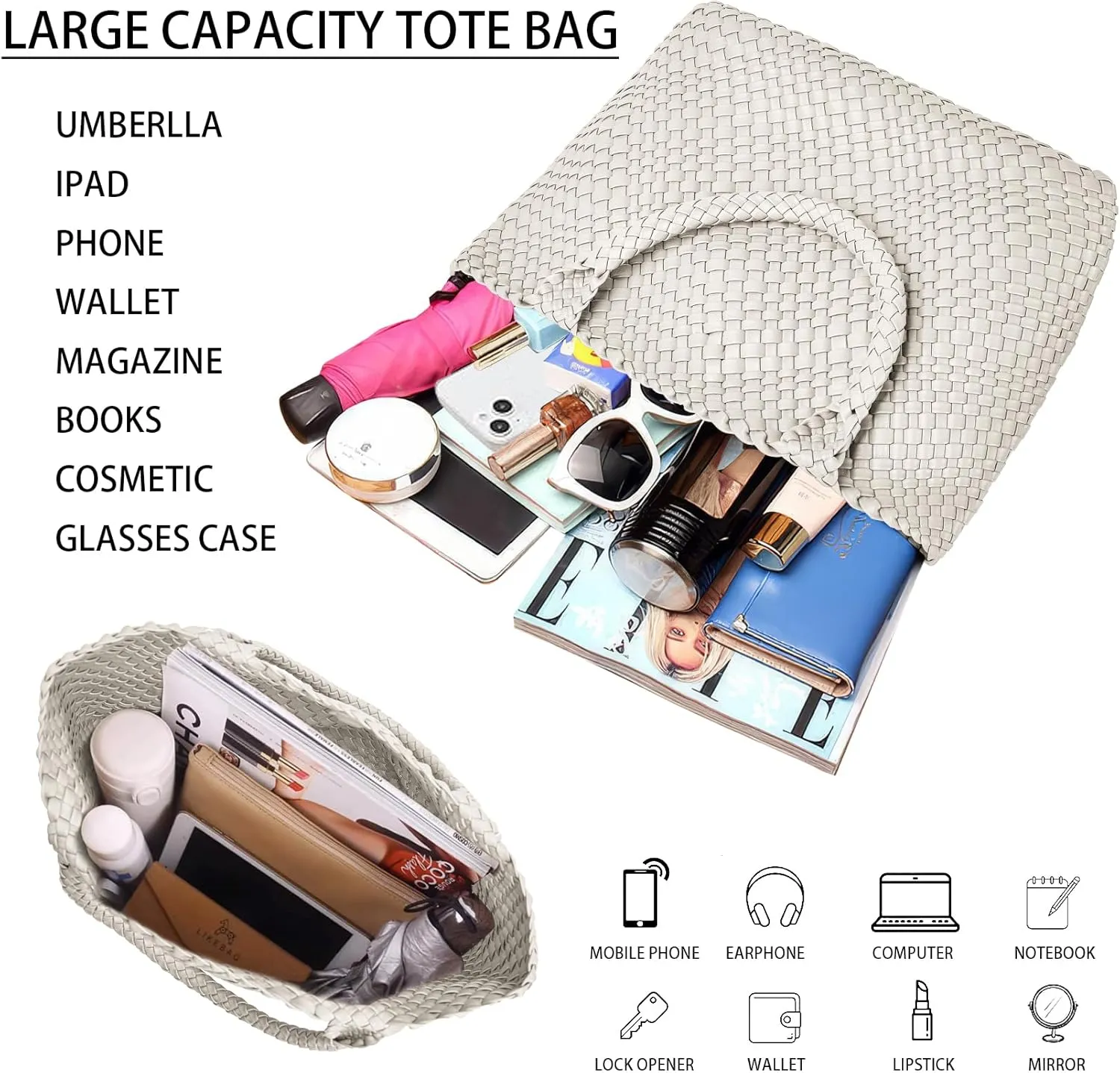 Woven Shoulder Bag for Women, Fashion Top Handle Soft Vegan Leather Shopper