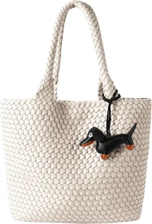 Woven Summer Beach Tote Bag Handbags Womens Purse - Vegan Leather Shoulder Bags Large Travel Totes