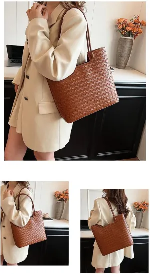 Woven Tote Bag for Women, Faux Leather Fashion Hobo Handbag, Large Capacity Purse Top Handle Shoulder Bag Travel Totes