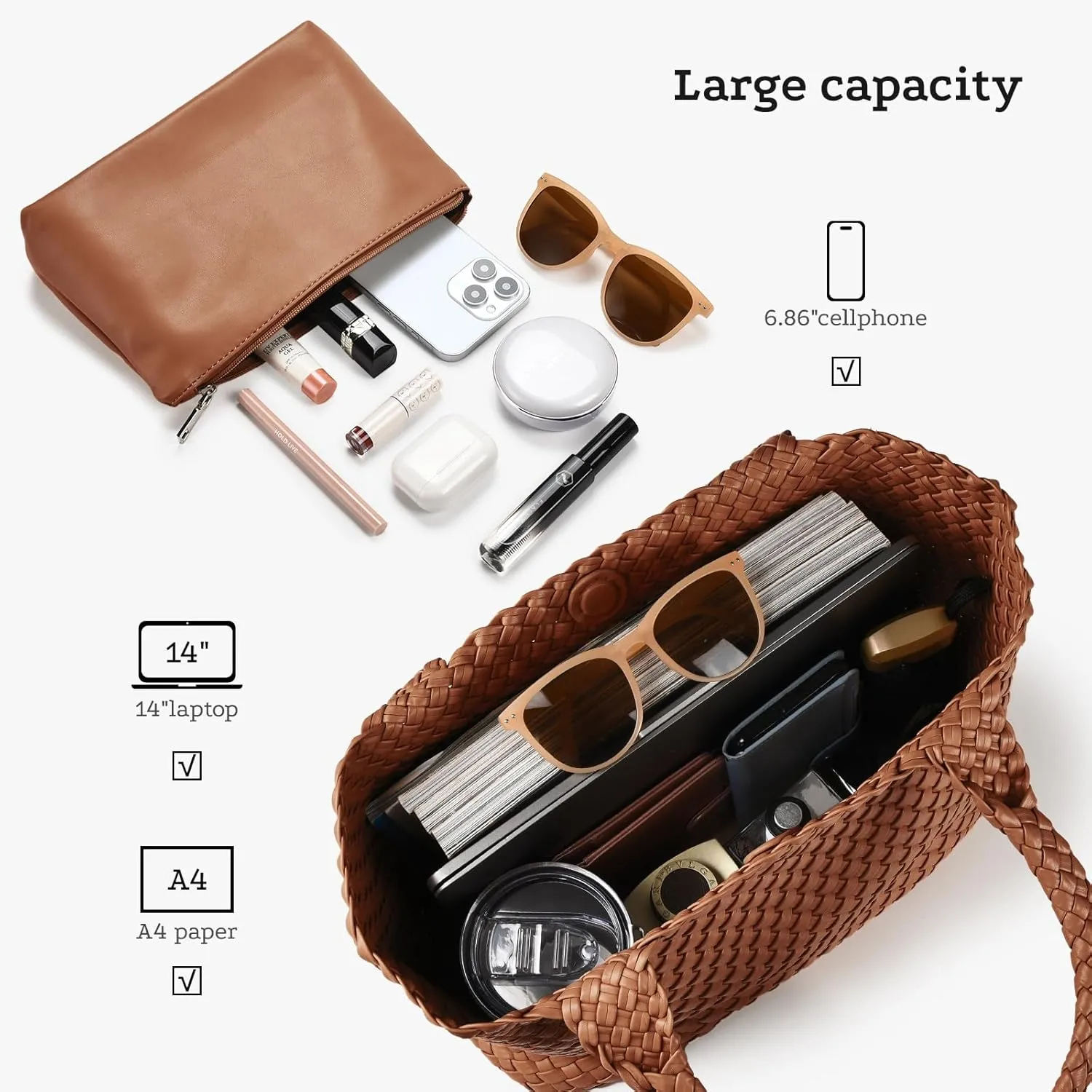 Woven tote Bag for Women, Large woven handbag Shoulder Bag Soft Vegan Leather with Inner Zipper Pouch