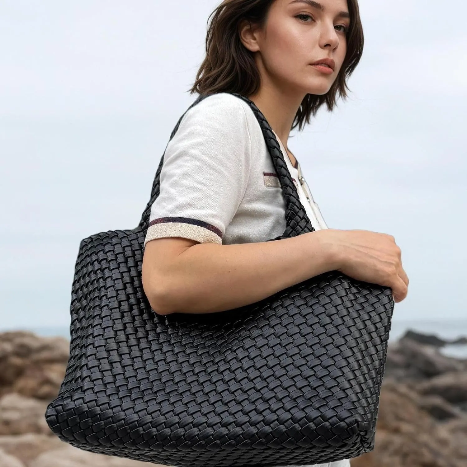 Woven tote Bag for Women, Large woven handbag Shoulder Bag Soft Vegan Leather with Inner Zipper Pouch