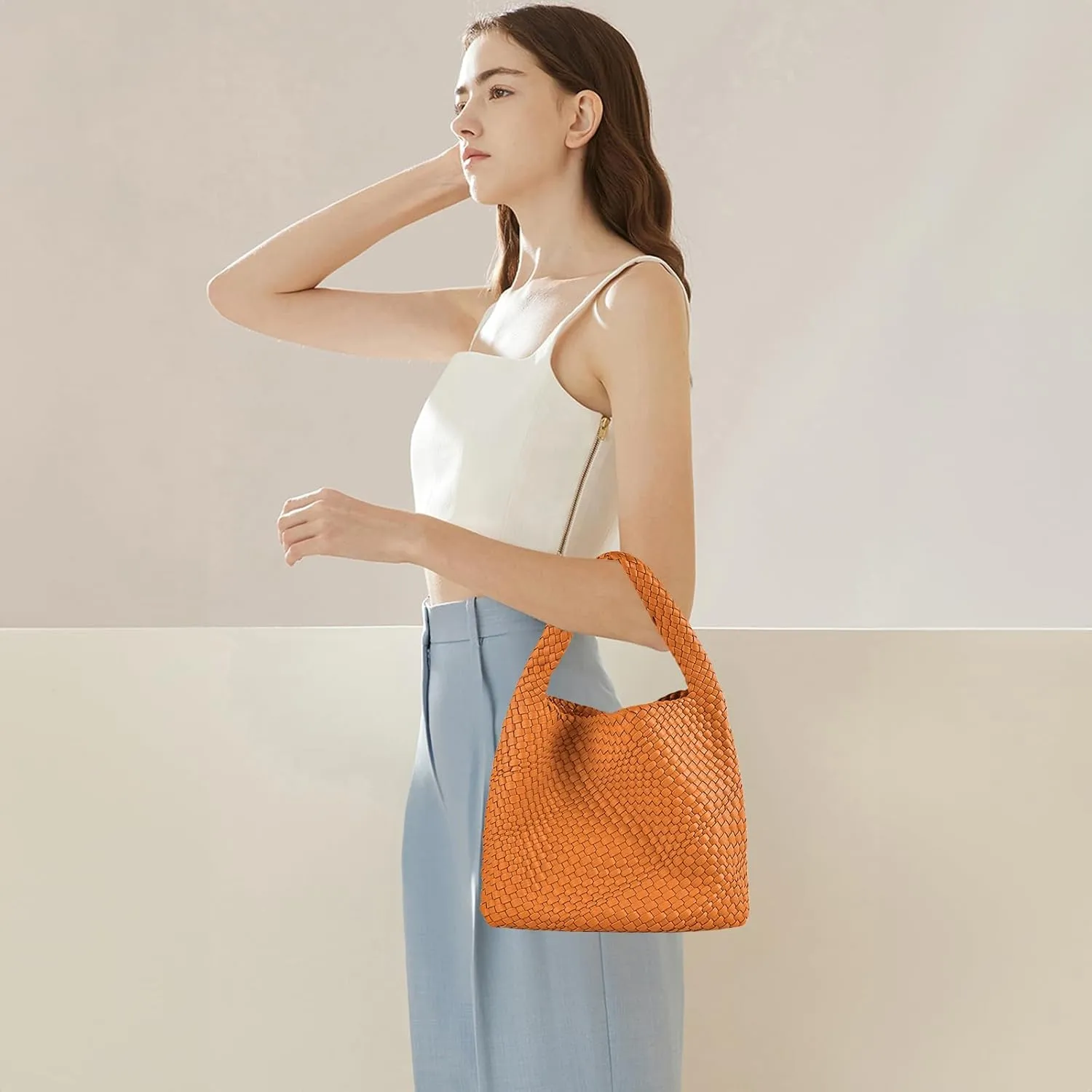 Woven Tote Bag for Women Vegan Leather Hobo Bags, Top-handle Handmade Purse