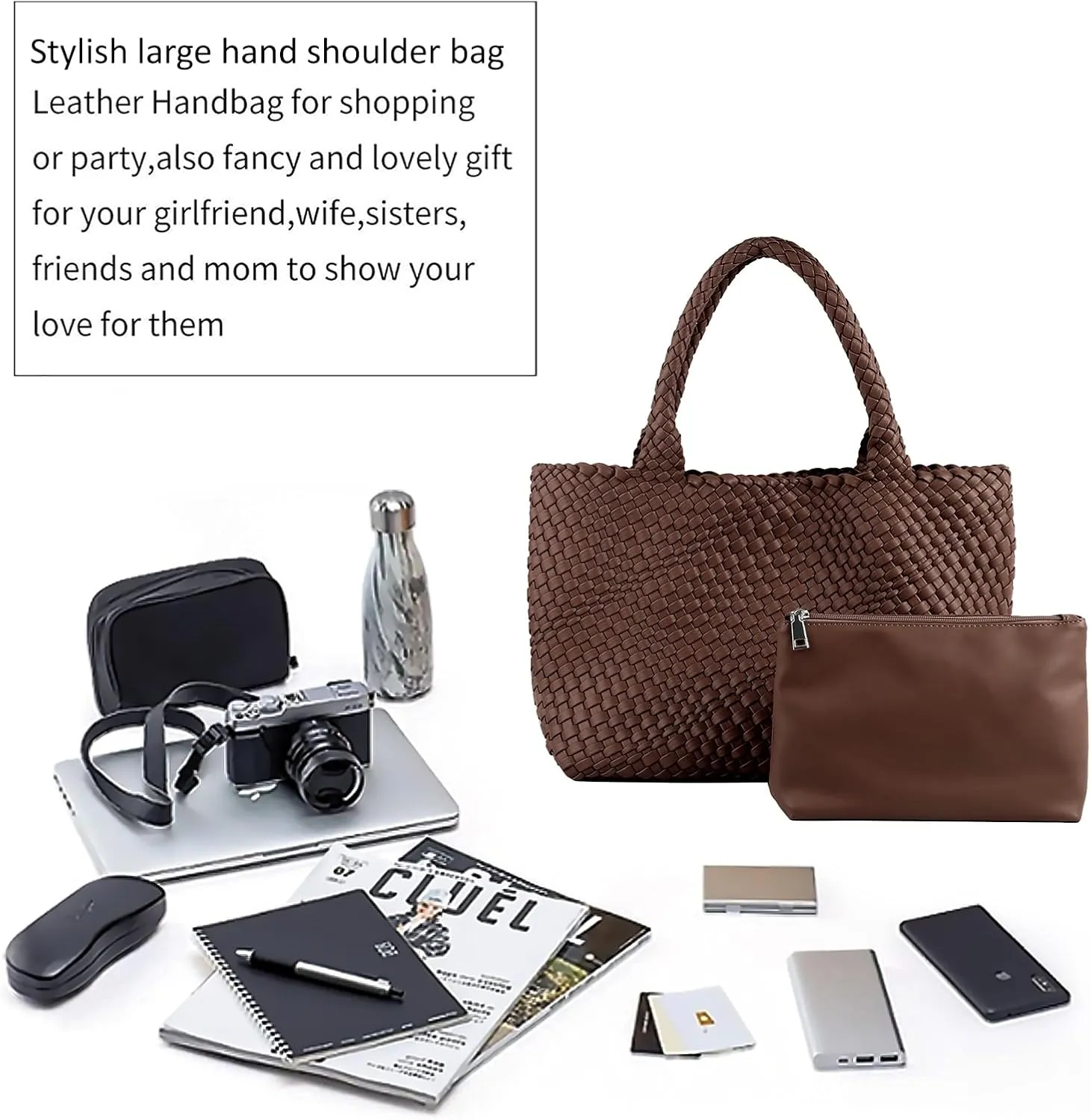 Woven Tote Bag for Women,Fashion Top Handle Shoulder Bag Vegan Leather Shopper Bag Large Travel Tote Bag with Purse