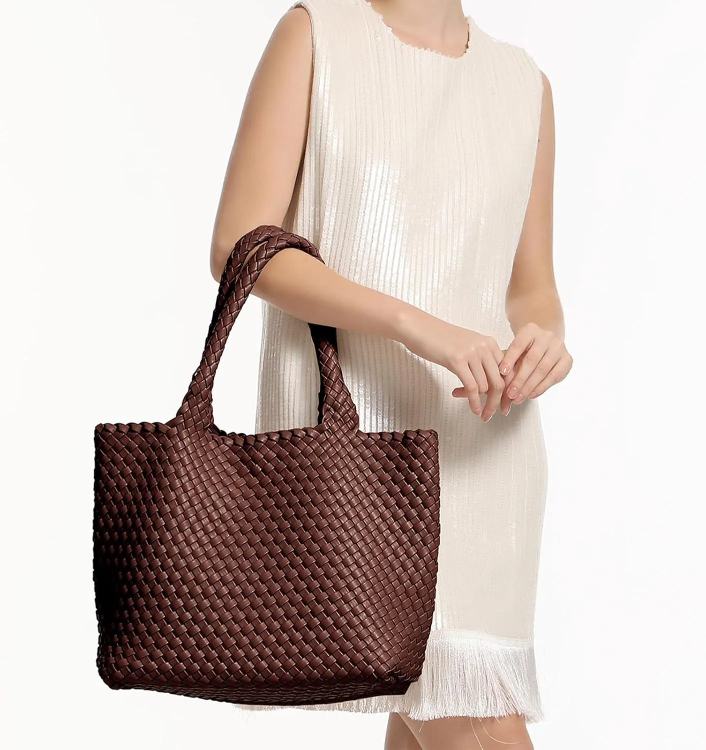 Woven Tote Bag for Women,Fashion Top Handle Shoulder Bag Vegan Leather Shopper Bag Large Travel Tote Bag with Purse