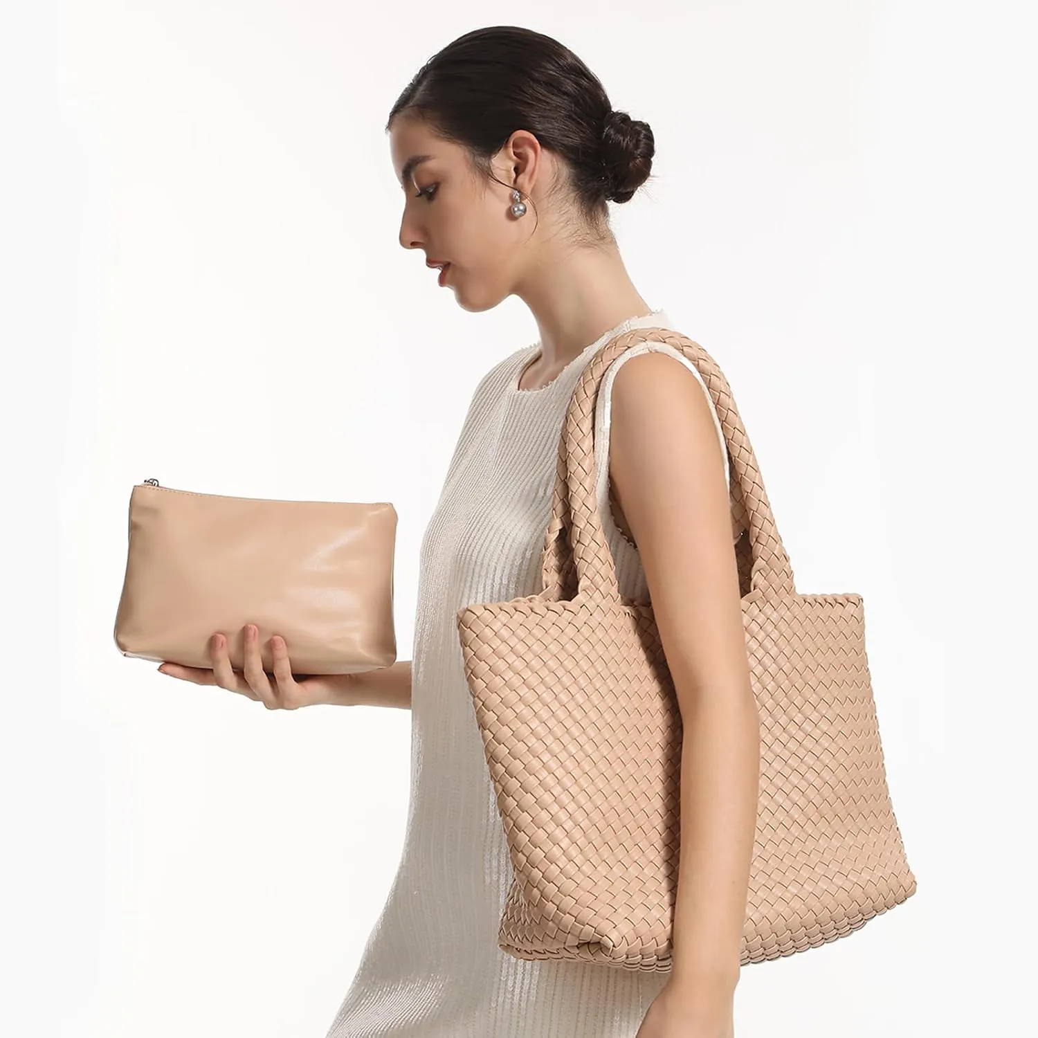 Woven Tote Bag for Women,Fashion Top Handle Shoulder Bag Vegan Leather Shopper Bag Large Travel Tote Bag with Purse