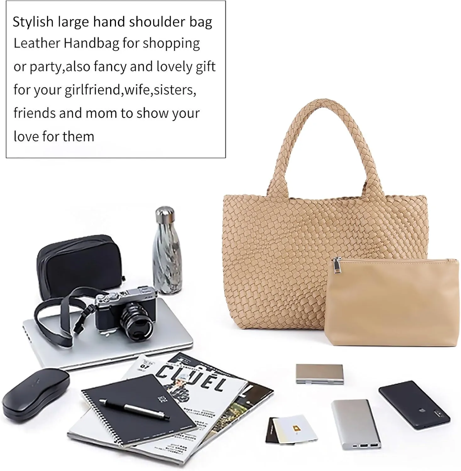 Woven Tote Bag for Women,Fashion Top Handle Shoulder Bag Vegan Leather Shopper Bag Large Travel Tote Bag with Purse