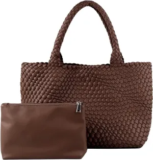 Woven Tote Bag for Women,Fashion Top Handle Shoulder Bag Vegan Leather Shopper Bag Large Travel Tote Bag with Purse