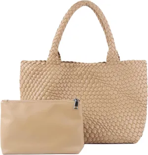Woven Tote Bag for Women,Fashion Top Handle Shoulder Bag Vegan Leather Shopper Bag Large Travel Tote Bag with Purse