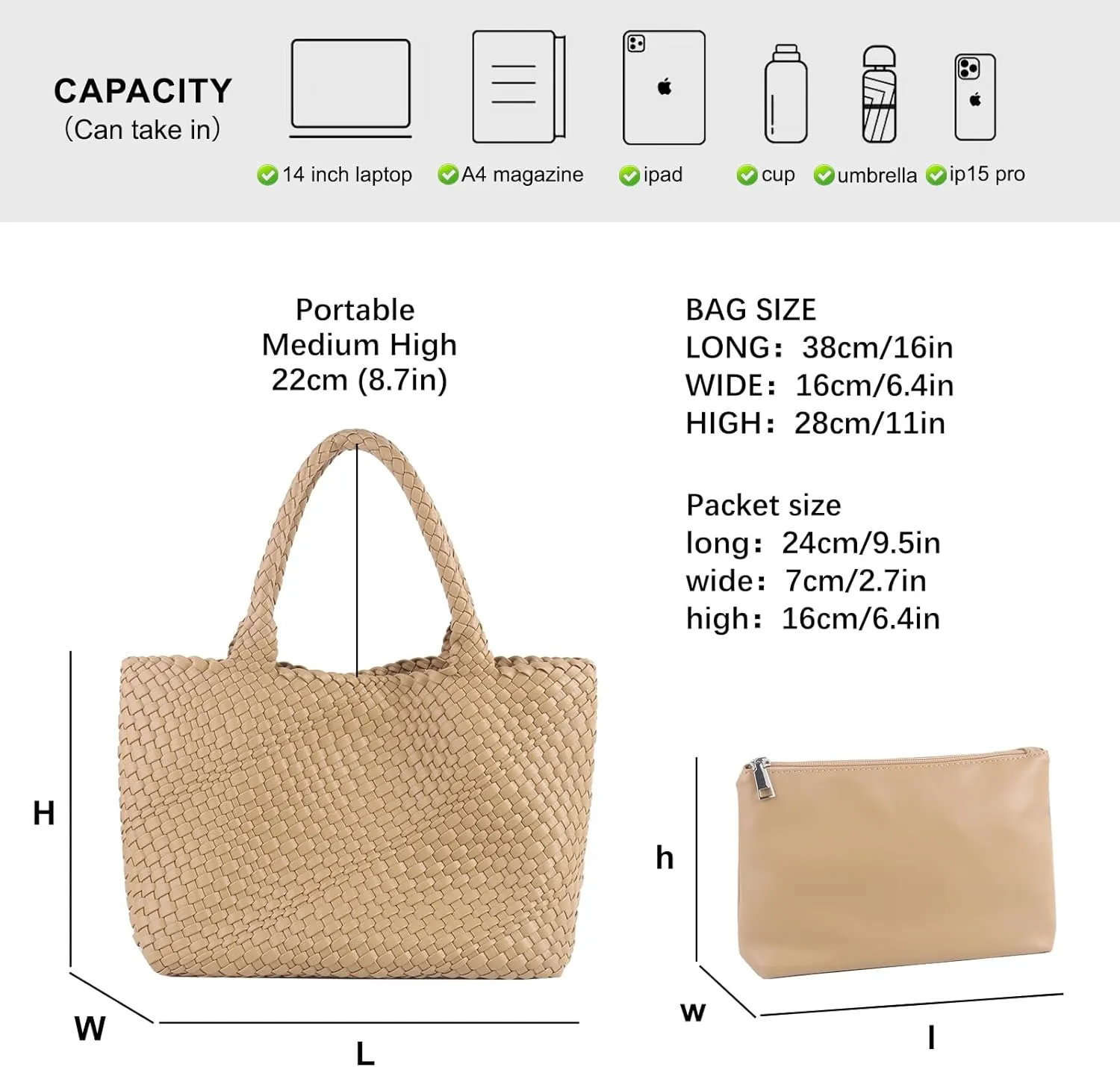 Woven Tote Bag for Women,Fashion Top Handle Shoulder Bag Vegan Leather Shopper Bag Large Travel Tote Bag with Purse