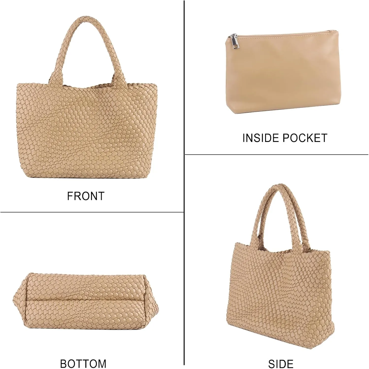 Woven Tote Bag for Women,Fashion Top Handle Shoulder Bag Vegan Leather Shopper Bag Large Travel Tote Bag with Purse