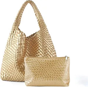 Woven Tote Bag For Women,Vegan Leather Hand Woven Handbags And Purse,Shoulder Bag Top-Handle Bag All-Match Underarm Bag