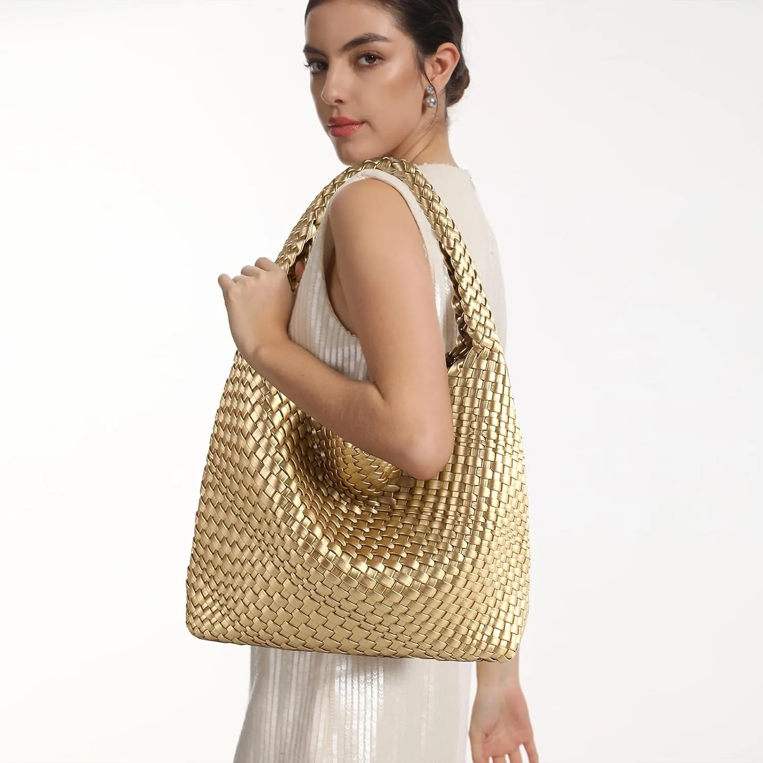 Woven Tote Bag For Women,Vegan Leather Hand Woven Handbags And Purse,Shoulder Bag Top-Handle Bag All-Match Underarm Bag