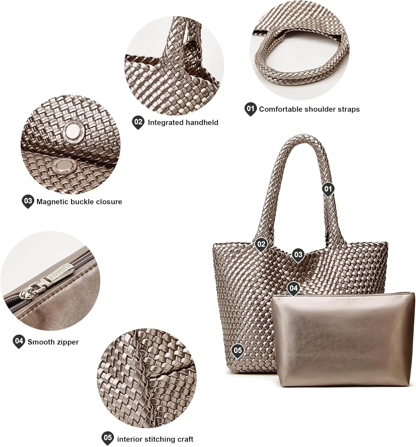 Woven Tote Bag Womens Purse: Vegan Leather Shoulder Handbags - Fashion Summer Beach Tote Bags - Large Travel Totes