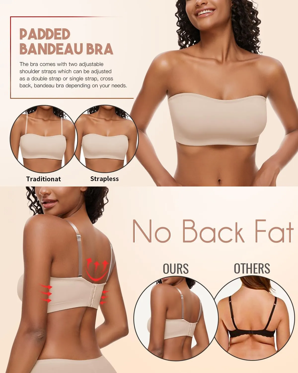 WOWENY Strapless Bras for Women Bandeau Bra Non-Slip Silicone Wireless Bra Seamless Padded Comfy Tube Top Bralette
