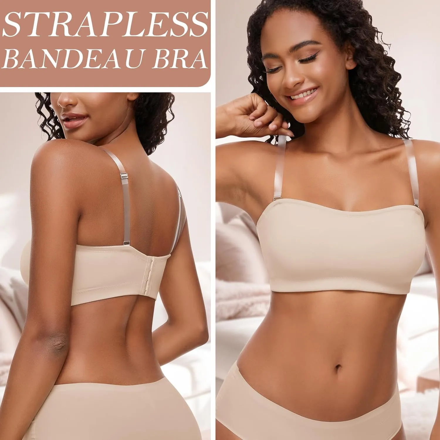 WOWENY Strapless Bras for Women Bandeau Bra Non-Slip Silicone Wireless Bra Seamless Padded Comfy Tube Top Bralette