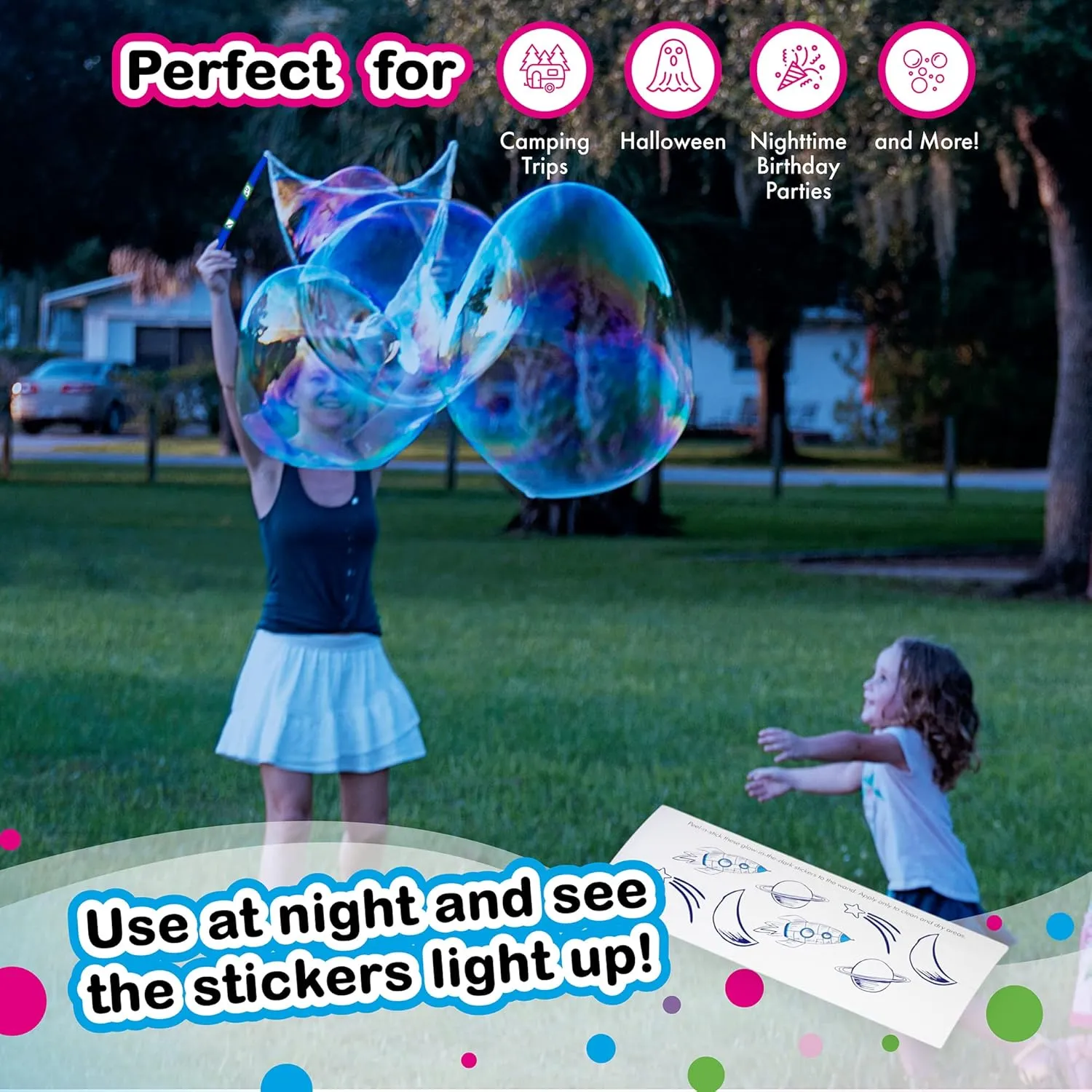 WOWMAZING Giant Bubble Kit: Space - Incl. Wand, 2 Big Bubble Concentrate Pouches and 8 Glow-in-The-Dark Stickers | Outdoor Toy for Kids, Girls | Bubbles Made in The USA - Space Kit