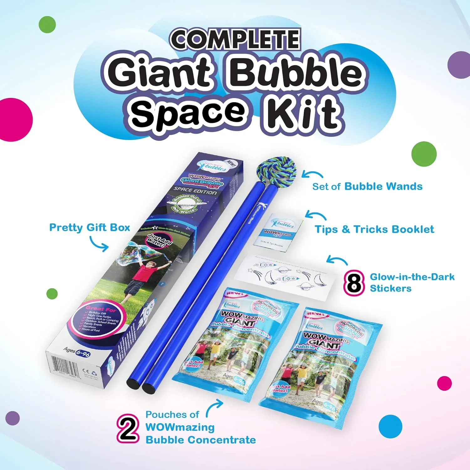 WOWMAZING Giant Bubble Kit: Space - Incl. Wand, 2 Big Bubble Concentrate Pouches and 8 Glow-in-The-Dark Stickers | Outdoor Toy for Kids, Girls | Bubbles Made in The USA - Space Kit