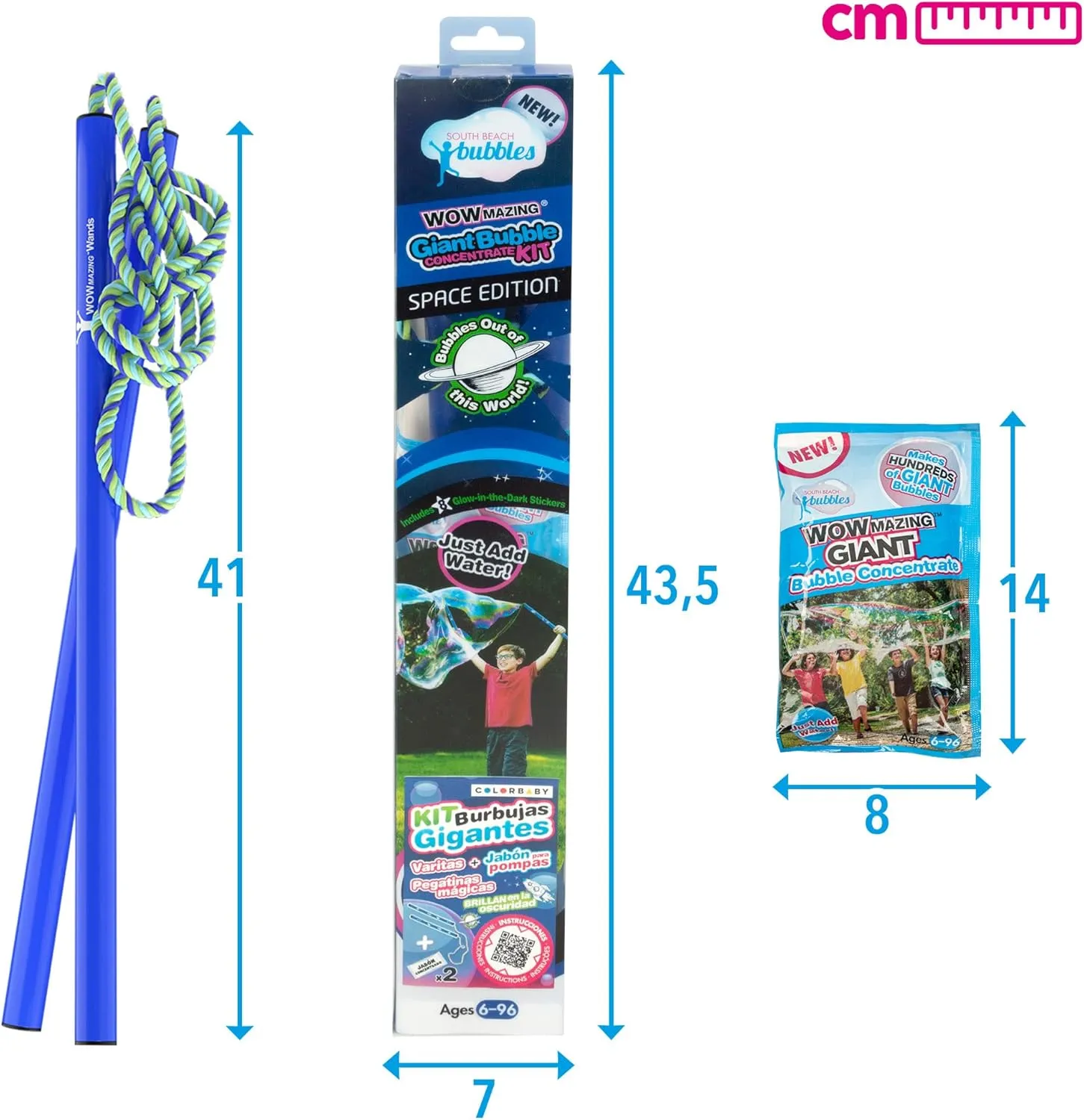 WOWMAZING Giant Bubble Kit: Space - Incl. Wand, 2 Big Bubble Concentrate Pouches and 8 Glow-in-The-Dark Stickers | Outdoor Toy for Kids, Girls | Bubbles Made in The USA - Space Kit