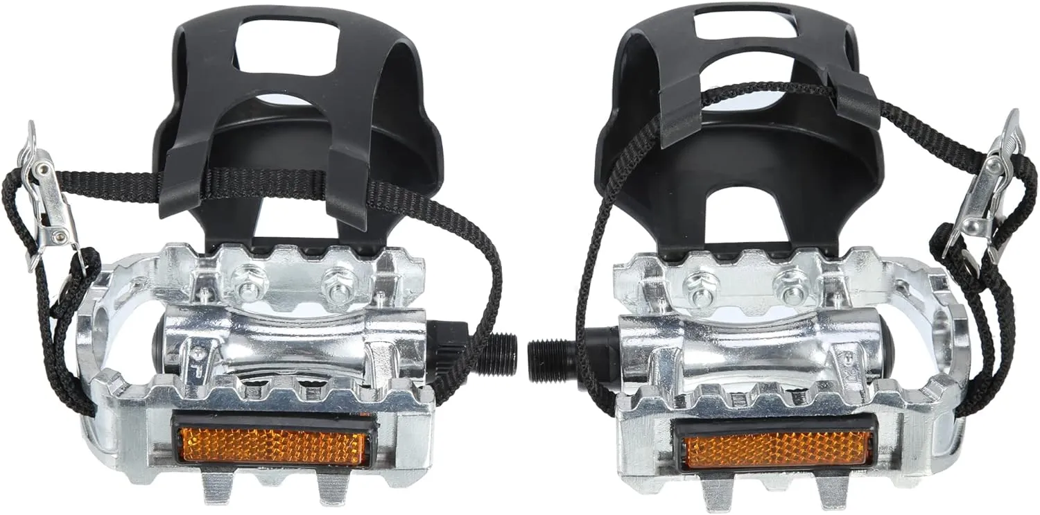 X AUTOHAUX 1 Pair Bicycle Pedals 1/2'' Spindle Platform with Toe Clips Fixed Foot Strap Cycling Parts Black Silver Tone