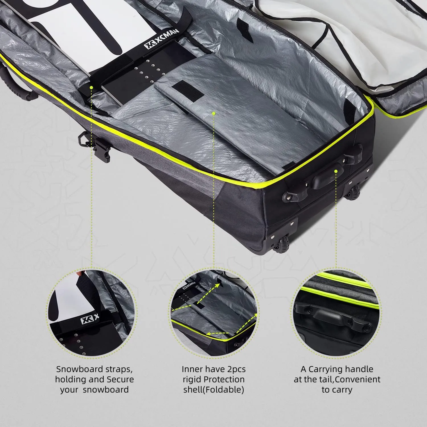 XCMAN Roller Snowboard Bag with Wheels,Adjustable Length,Extra Long/Wide/Deep,Waterproof - with Protection Ribs 140L