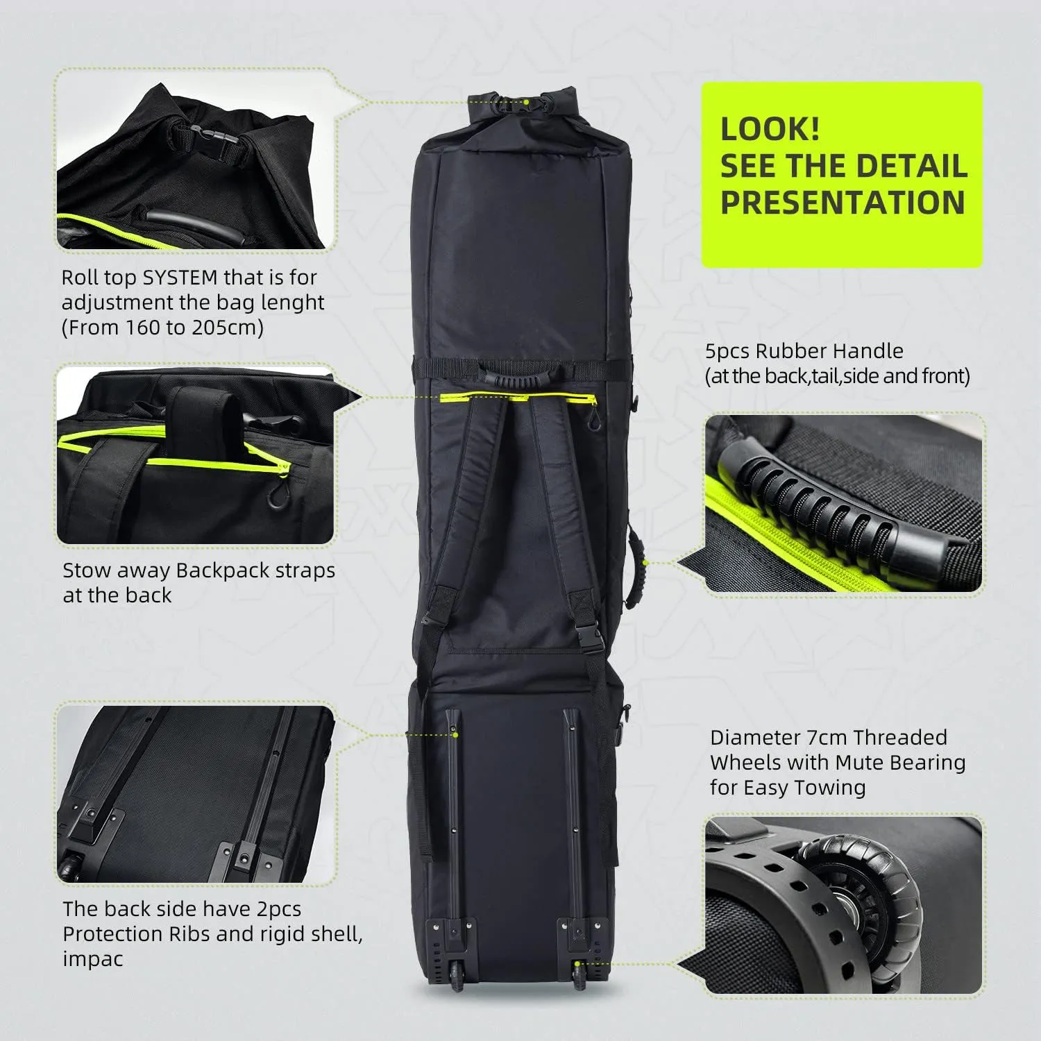 XCMAN Roller Snowboard Bag with Wheels,Adjustable Length,Extra Long/Wide/Deep,Waterproof - with Protection Ribs 140L