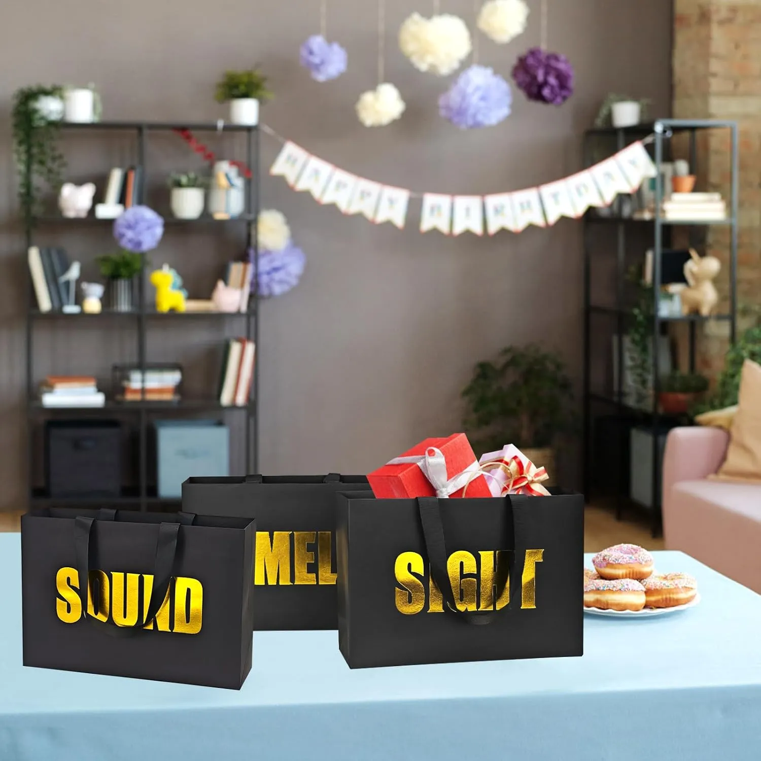 Xloey Five Senses Gift Bags for Him,12.6" Valentine's Day Gift Bag with Ribbon Handles,5 Senses Black Kraft Paper Bags with Word,for Valentine's Day, Birthday,Wedding,Party
