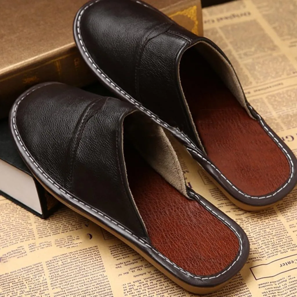 XUEMML Leather Slippers For Men And Women Indoor Outdoor Flat Slide Sandals House Slip-on Shoes For Office Home Bedroom Living Room Guests Visitor
